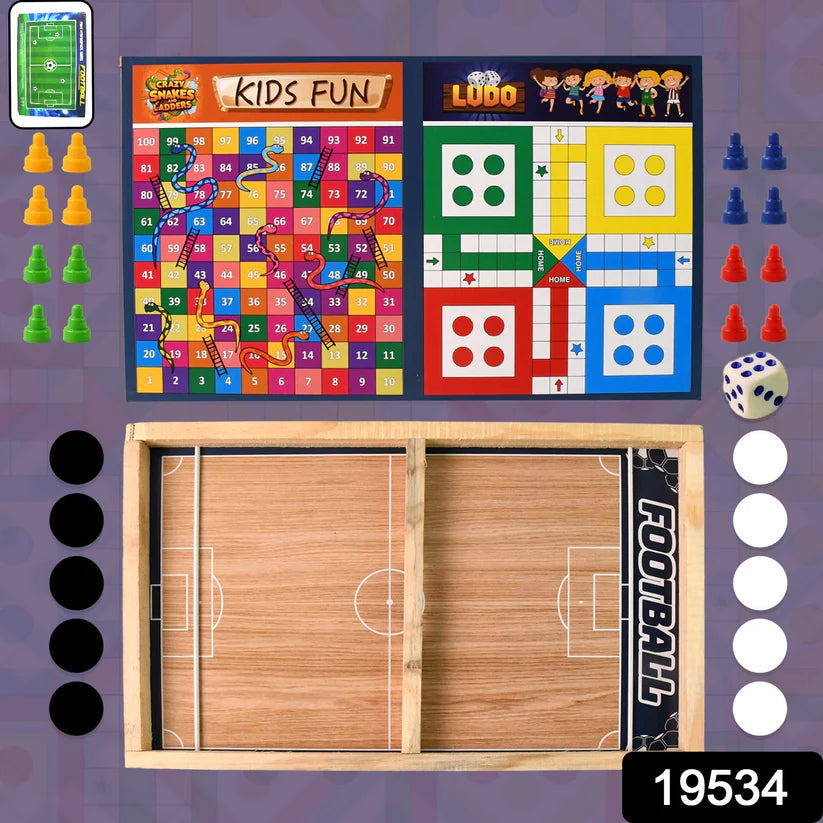 Wooden Board Game Set – Ludo, Snakes & Ladders, and Desktop Football (3-in-1)