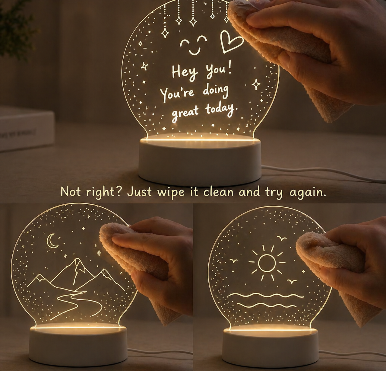 3D Decorative night light with motivational messages being wiped by a hand.
